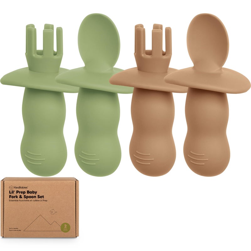 KeaBabies 4-Pack Silicone Baby Spoons and Forks Set - Baby Led Weaning Utensils 6-12 Months, Self Feeding Toddler Spoon & Fork for Training, Teething, Easy to Hold, BPA-Free Silicone (Desert) - Image 1