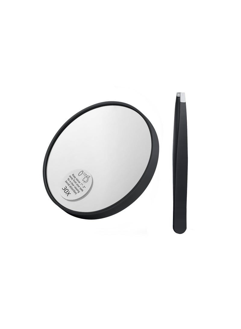30x Magnifying Mirror with Suction Cup and Tweezers, Compact Travel Mirror Set for Eyebrow Tweezing and Blackhead Removal, Perfect for Makeup (Black) - Image 1
