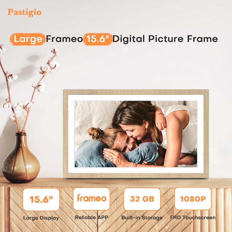 Pastigio Digital Picture Frame Large, 15.6 Inch Digital Photo Frame Frameo, WiFi Electric Slideshow Frame, 1920*1080 IPS FHD Touchscreen, 32GB, Tabletop&Wall-Mounted, Share Video Picture, Gifts, Oyster White - Image 2