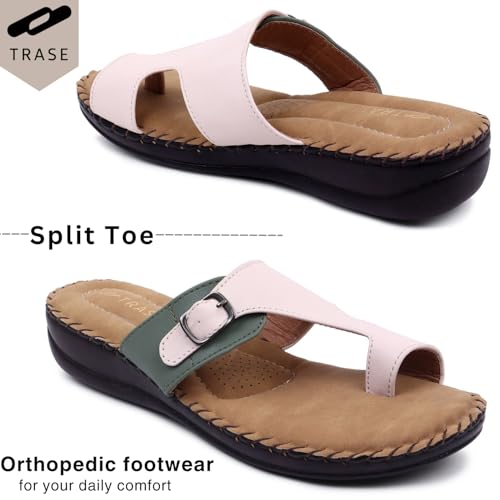 TRASE Extra Soft Slippers for Women | Orthopedic Diabetic Footwear with Cushioned Insole | Lightweight & Comfortable Ladies Chappals with Toe Ring and Adjustable Buckle (GREEN-CREAM, 4 UK) - Image 4