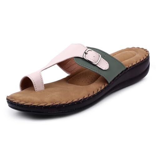 TRASE Extra Soft Slippers for Women | Orthopedic Diabetic Footwear with Cushioned Insole | Lightweight & Comfortable Ladies Chappals with Toe Ring and Adjustable Buckle (GREEN-CREAM, 4 UK) - Image 1