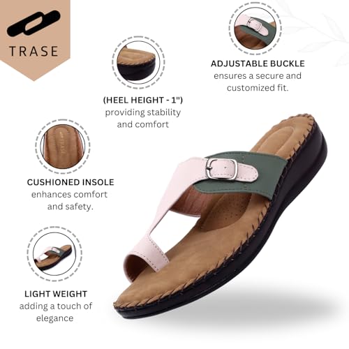 TRASE Extra Soft Slippers for Women | Orthopedic Diabetic Footwear with Cushioned Insole | Lightweight & Comfortable Ladies Chappals with Toe Ring and Adjustable Buckle (GREEN-CREAM, 4 UK) - Image 2