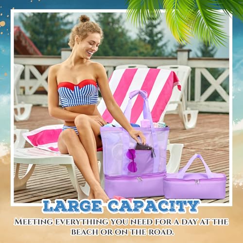 Abbylike Large Mesh Beach Tote Bag with Insulated Cooler and Pocket Detachable Waterproof Sandproof Picnic Swim Pool BagLight Purple - Image 3