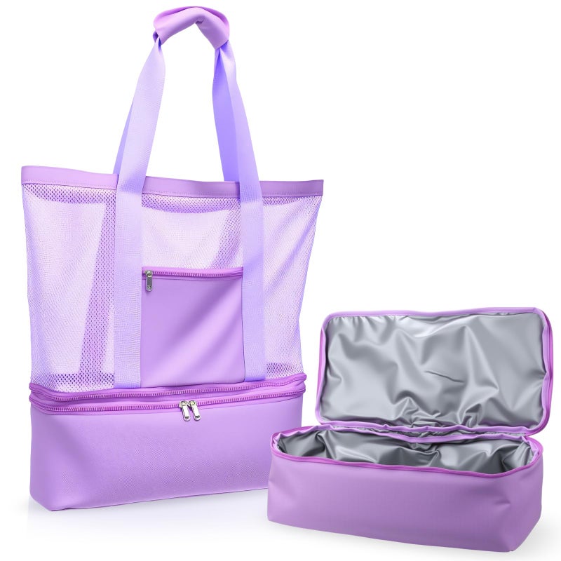 Abbylike Large Mesh Beach Tote Bag with Insulated Cooler and Pocket Detachable Waterproof Sandproof Picnic Swim Pool BagLight Purple - Image 2