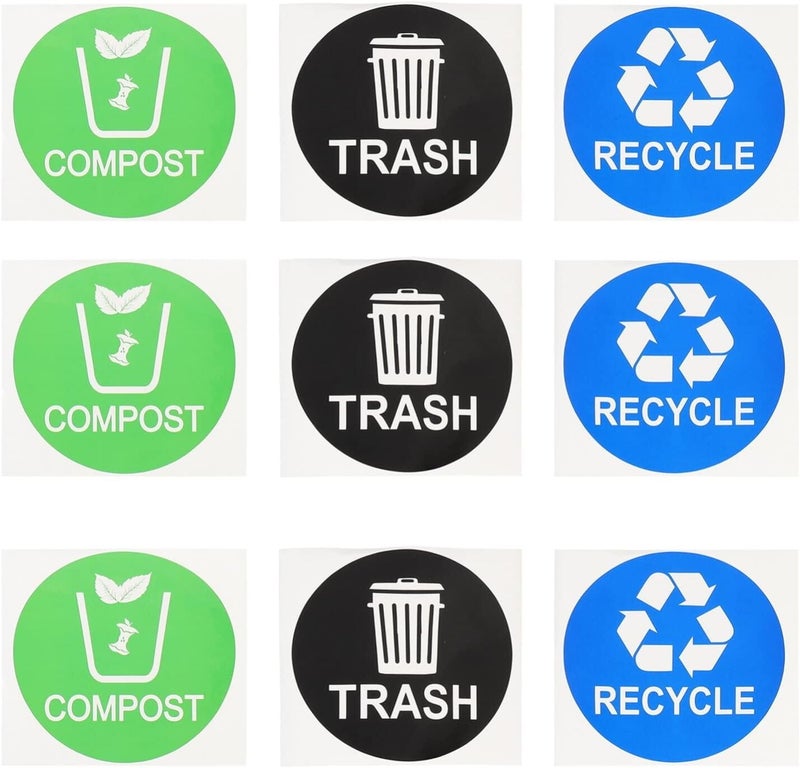 klarako 9pcs Recycle and Trash Stickers Vinyl Recycle Trash Bin Sticker Self- Adhesive Round Logo Sign Decal Labels for Organizing Trash Can 10X10CM - Image 1