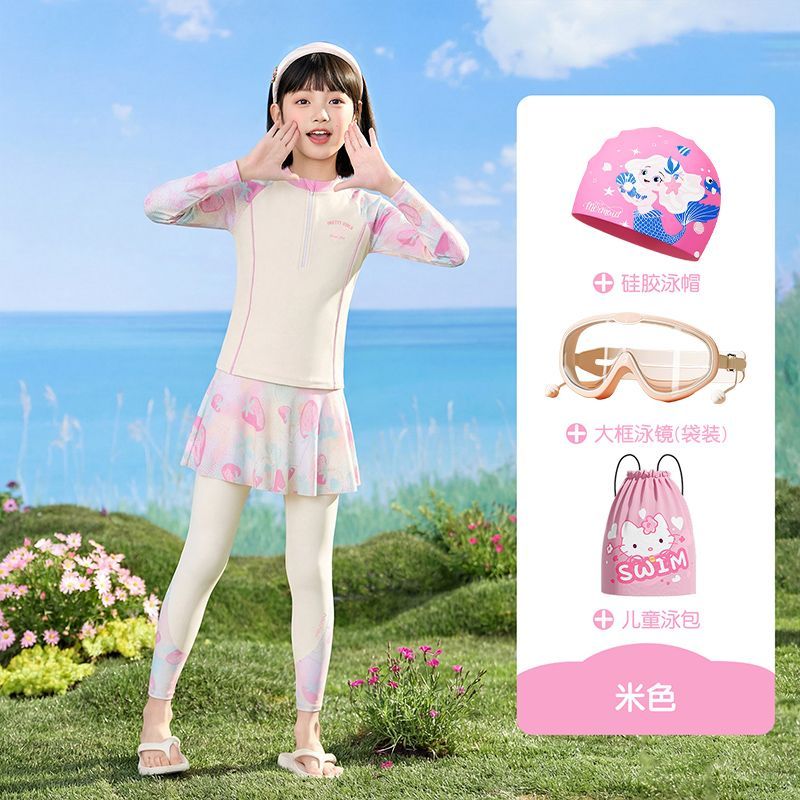 YouYou Girls' Long Sleeve Long Pants Swimsuit Set - Sun Protection UV Swimwear for Kids, Printed Pattern