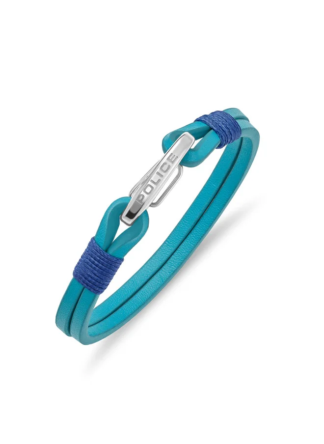 POLICE Wishbone BraceletDouble Row Blue Leather with Hook ClosureRugged Men's Style