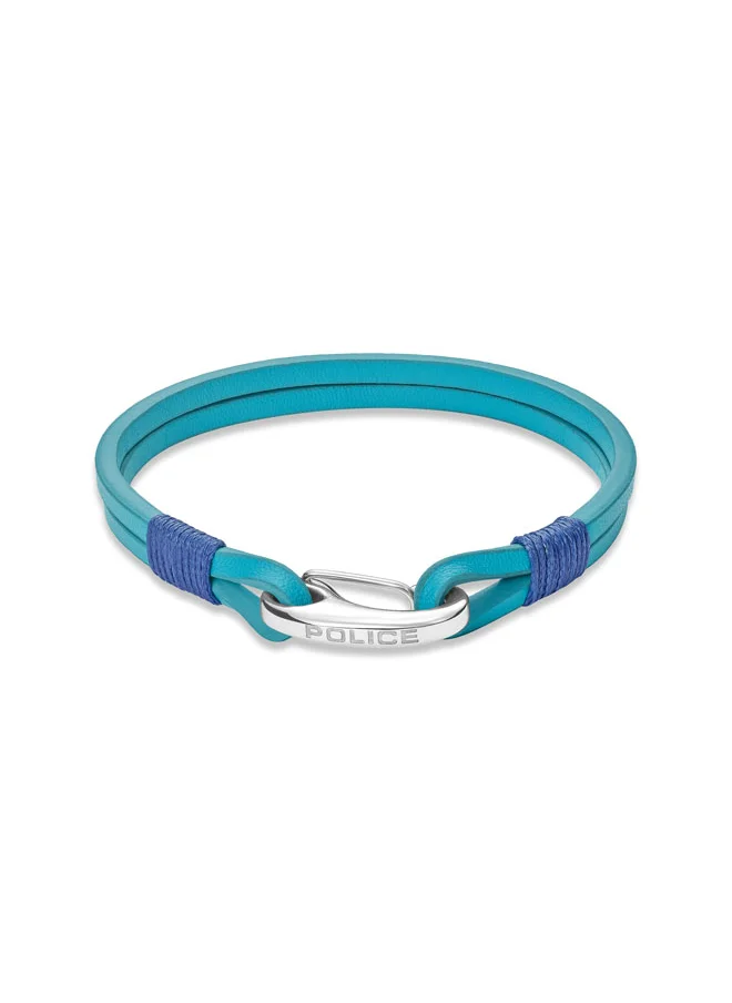 POLICE Wishbone BraceletDouble Row Blue Leather with Hook ClosureRugged Men's Style