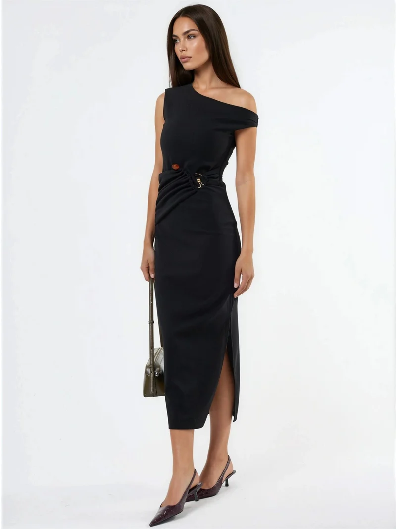 بوسيم BUSEM Asymmetrical Collar Midi Dress with Accessory Details