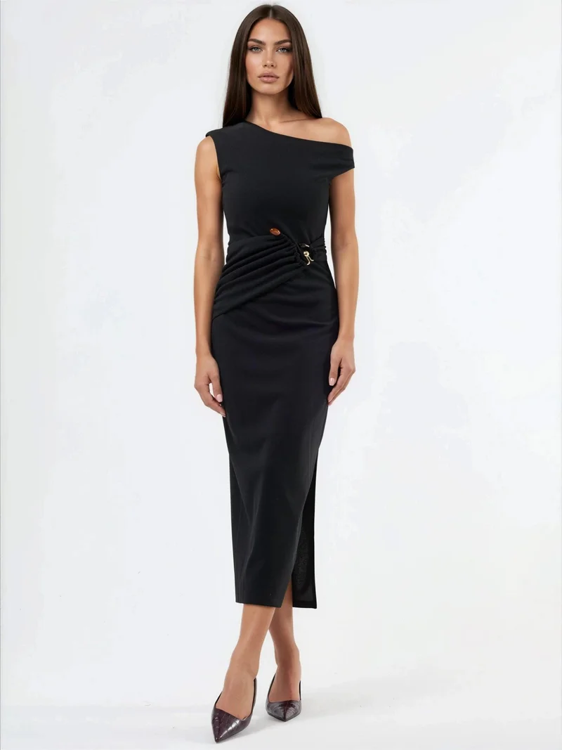 بوسيم BUSEM Asymmetrical Collar Midi Dress with Accessory Details