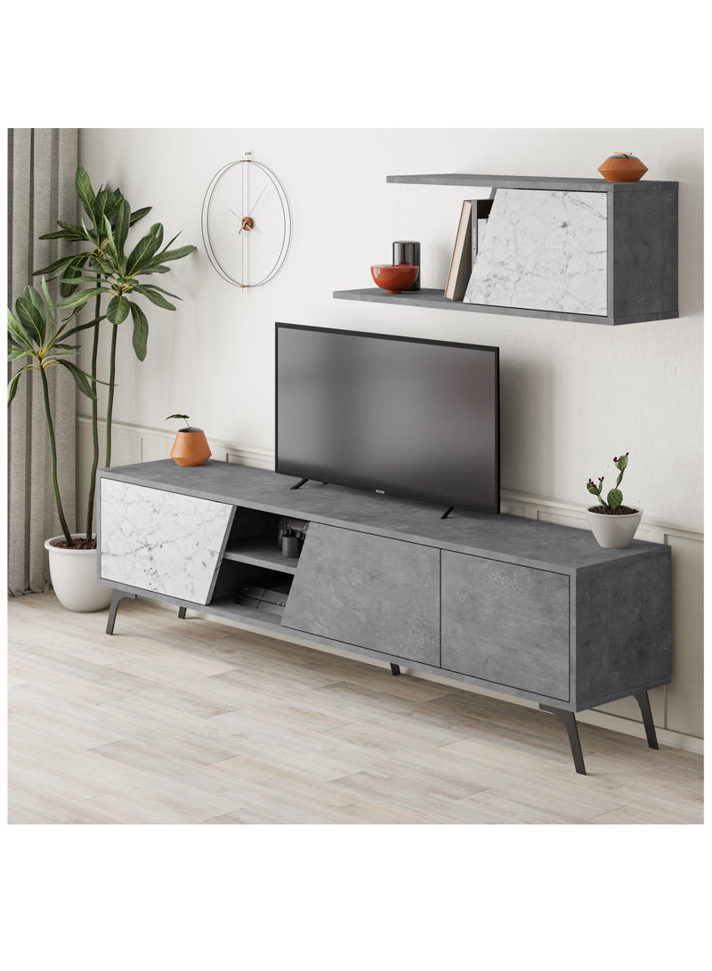 موراه وحدة تلفزيون فيونا من موراه هوم، لأجهزة تلفزيون حتى ٧٠ بوصة، مع رف بثلاثة أبواب ومساحة تخزين من طابقين | خزانة تلفزيون لغرفة المعيشة | ١٨٠ × ٣٥٫٦ × ٤٨ سم | رخام رمادي-أبيض عتيق - Image 2