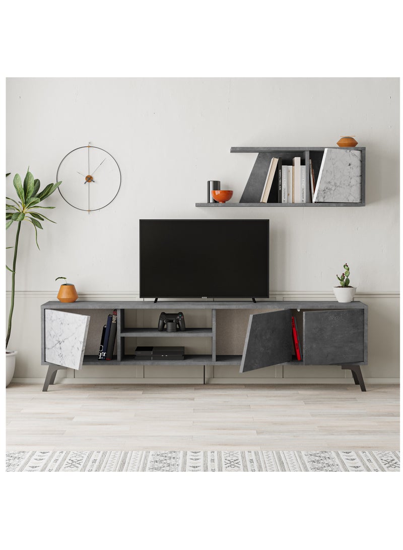 موراه وحدة تلفزيون فيونا من موراه هوم، لأجهزة تلفزيون حتى ٧٠ بوصة، مع رف بثلاثة أبواب ومساحة تخزين من طابقين | خزانة تلفزيون لغرفة المعيشة | ١٨٠ × ٣٥٫٦ × ٤٨ سم | رخام رمادي-أبيض عتيق - Image 3