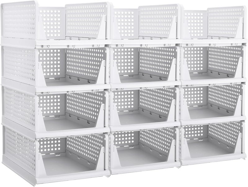 Tarev Polypropylene 12 Pieces Wardrobe Organizer for Storage/Foldable & Stackable Closet Basket/Cupboard Organizer for Clothes/Space Saver for Kitchen Folding Wardrobe Cupboard(White) - Image 1