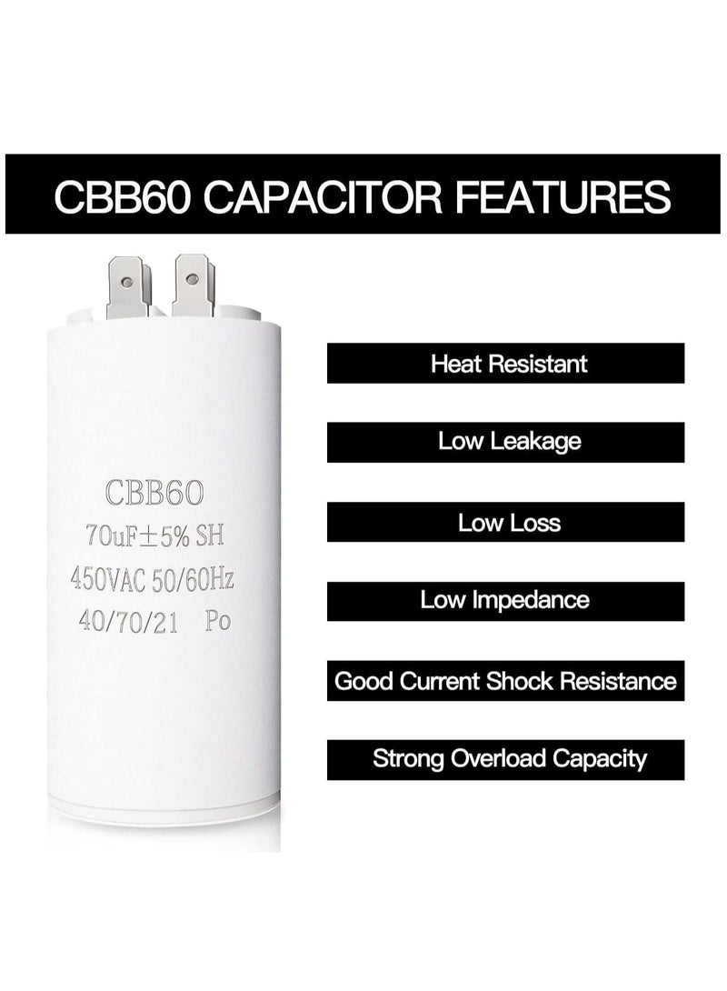 RACO 70UF CBB60 Motor Run Capacitor, 450VAC 50/60HZ Cylindrical Capacitor for Motor Run, Washing Machines, Air Conditioners and Water Pumps - Image 2