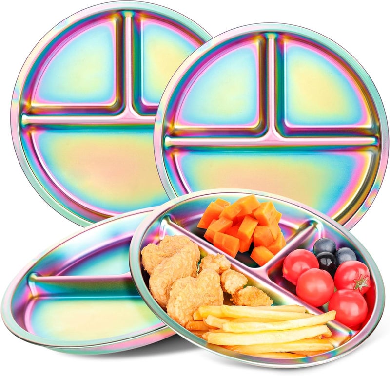 KesaPlan Stainless Steel Kids Plates 4 Pack Stainless Steel Toddler Plate for Kids Round Metal Portion Control Plate Divided Plates Reusable Baby Dinner Dishes Dishwasher safe Rainbow - Image 1