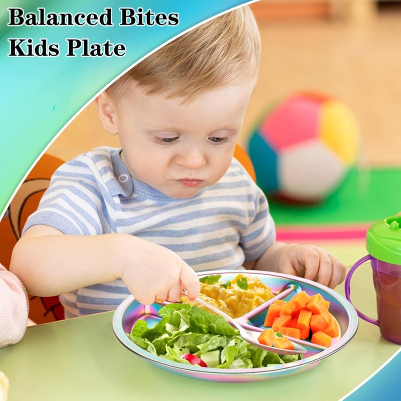KesaPlan Stainless Steel Kids Plates 4 Pack Stainless Steel Toddler Plate for Kids Round Metal Portion Control Plate Divided Plates Reusable Baby Dinner Dishes Dishwasher safe Rainbow - Image 5