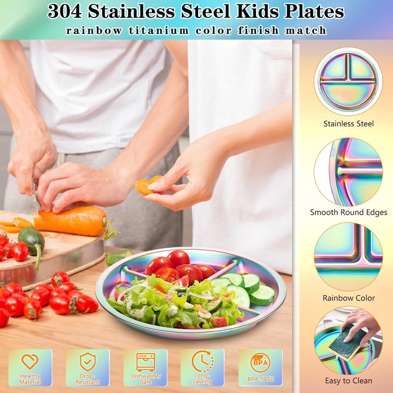 KesaPlan Stainless Steel Kids Plates 4 Pack Stainless Steel Toddler Plate for Kids Round Metal Portion Control Plate Divided Plates Reusable Baby Dinner Dishes Dishwasher safe Rainbow - Image 3