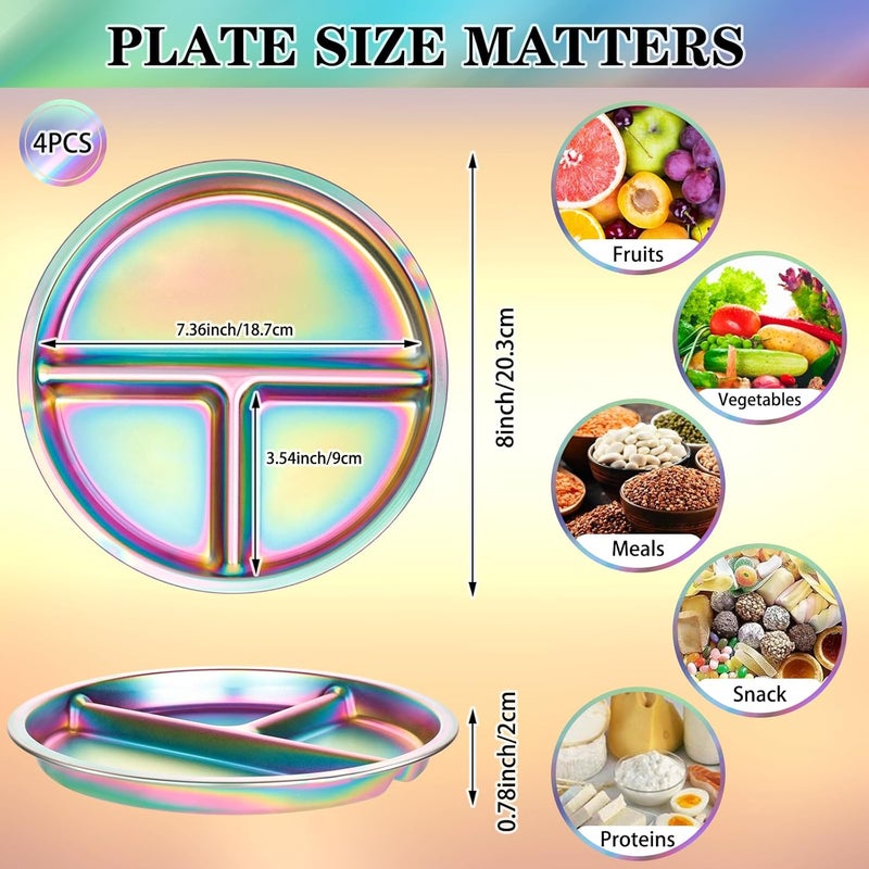 KesaPlan Stainless Steel Kids Plates 4 Pack Stainless Steel Toddler Plate for Kids Round Metal Portion Control Plate Divided Plates Reusable Baby Dinner Dishes Dishwasher safe Rainbow - Image 2