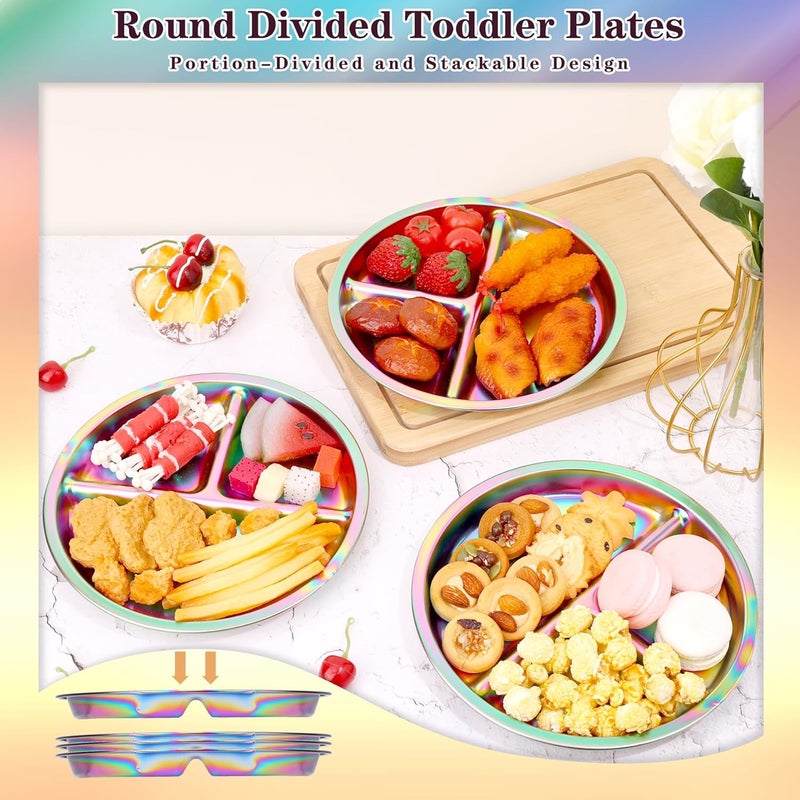 KesaPlan Stainless Steel Kids Plates 4 Pack Stainless Steel Toddler Plate for Kids Round Metal Portion Control Plate Divided Plates Reusable Baby Dinner Dishes Dishwasher safe Rainbow - Image 4