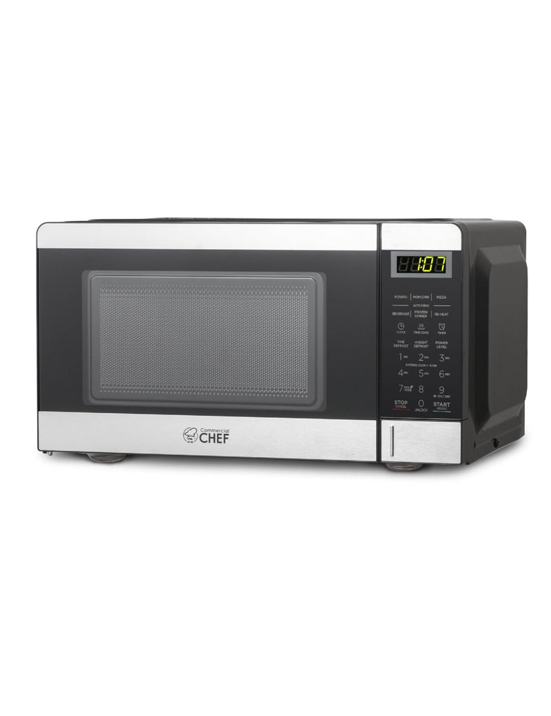 Commercial CHEF COMMERCIAL CHEF 07 Cubic Foot Microwave with 10 Power Levels Small Microwave with Push Button 700W Countertop up to 99 Minute Timer and Digital Display Stainless Steel 