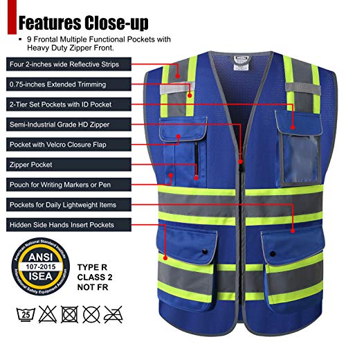 HATAUNKI Reflective Safety Vest for Men Women Hi Vis Vest with Pockets High Visibility Vest Mesh Construction Vests Meets ANSI/ISEA 107-2015 (Blue-04, 4X-Large) - Image 2