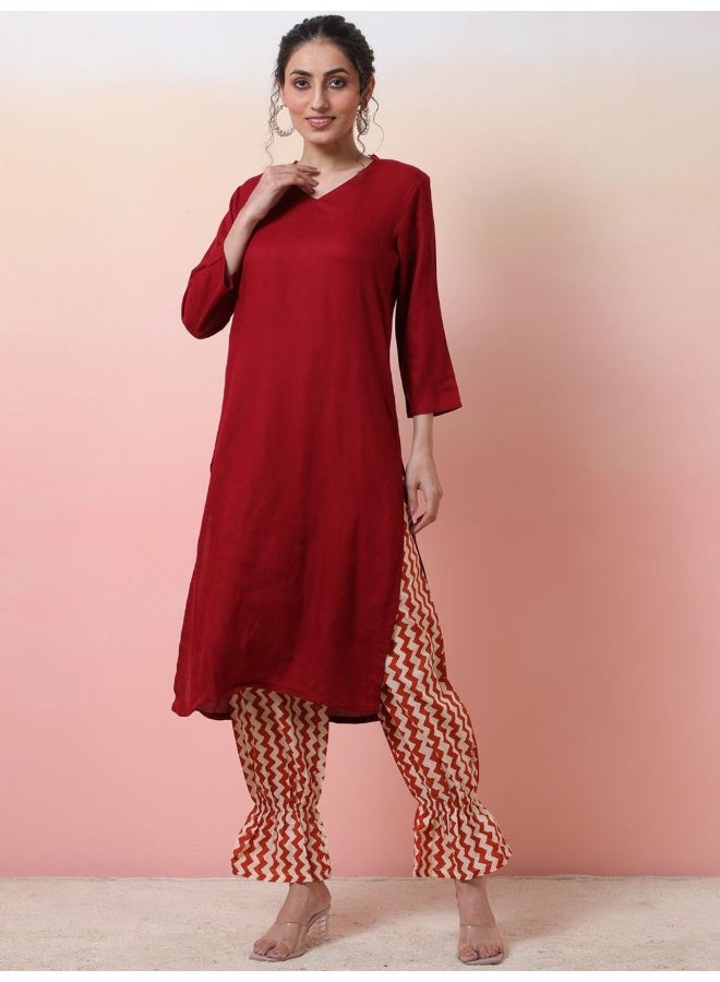 AKS Maroon Kurta with Printed Balloon Pants  - Image 3