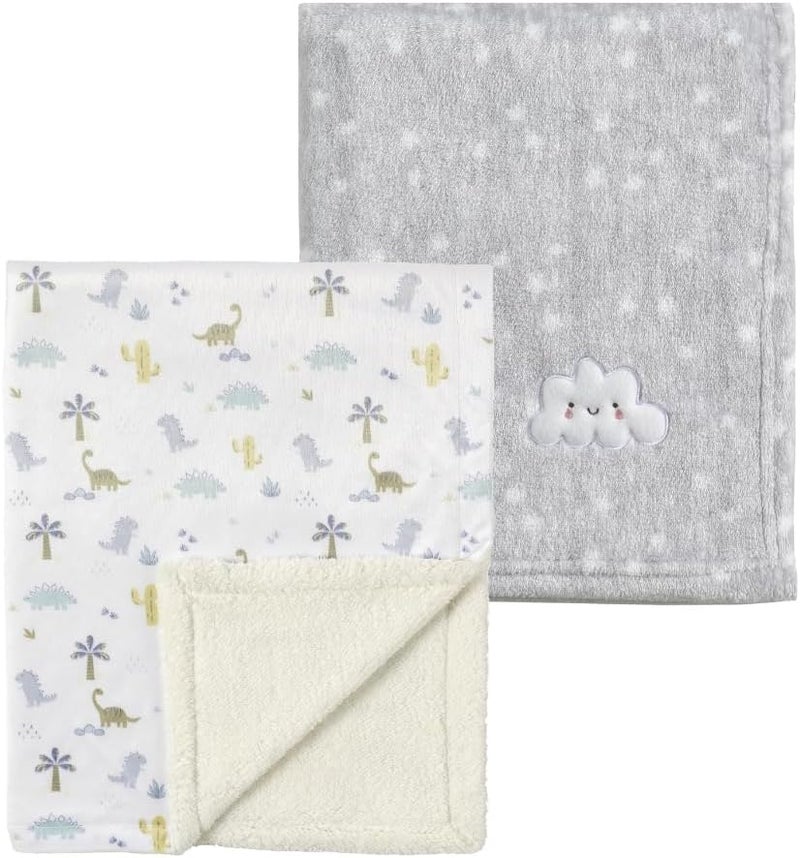 CREVENT 2Pcs 30''X40'' Cute Cozy Fluffy Warm Baby Blankets for Infants Toddlers' Bedding Crib Cot Stroller - Grey Cloud + Minky Dinosaur - Image 1
