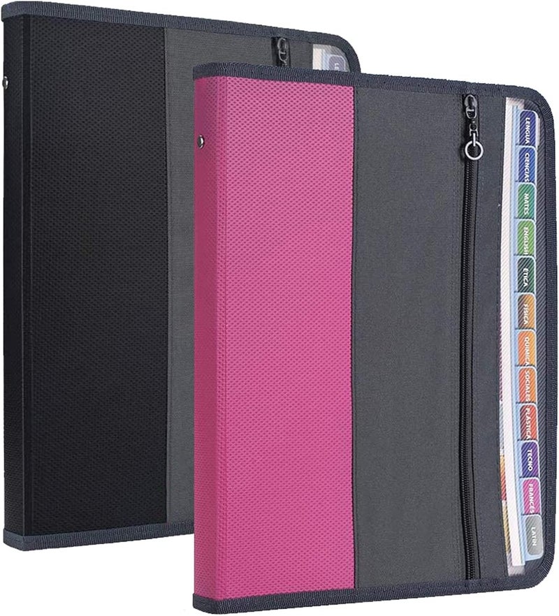 Nafy Expanding File Folders, 2Pack 13 Pockets Document Organizer with Zipper, A4 Letter Size Portable Accordion Expanding File Folders with Multicolor Labels for Office School Supplies (Black+Pink) - Image 1