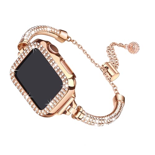 Secbolt Bling Bands Compatible with Apple Watch Band 40mm with Case, Women Dressy Metal Bracelet with Rhinestone Bumper for iWatch SE Series 6/5/4, Rose Gold - Image 1