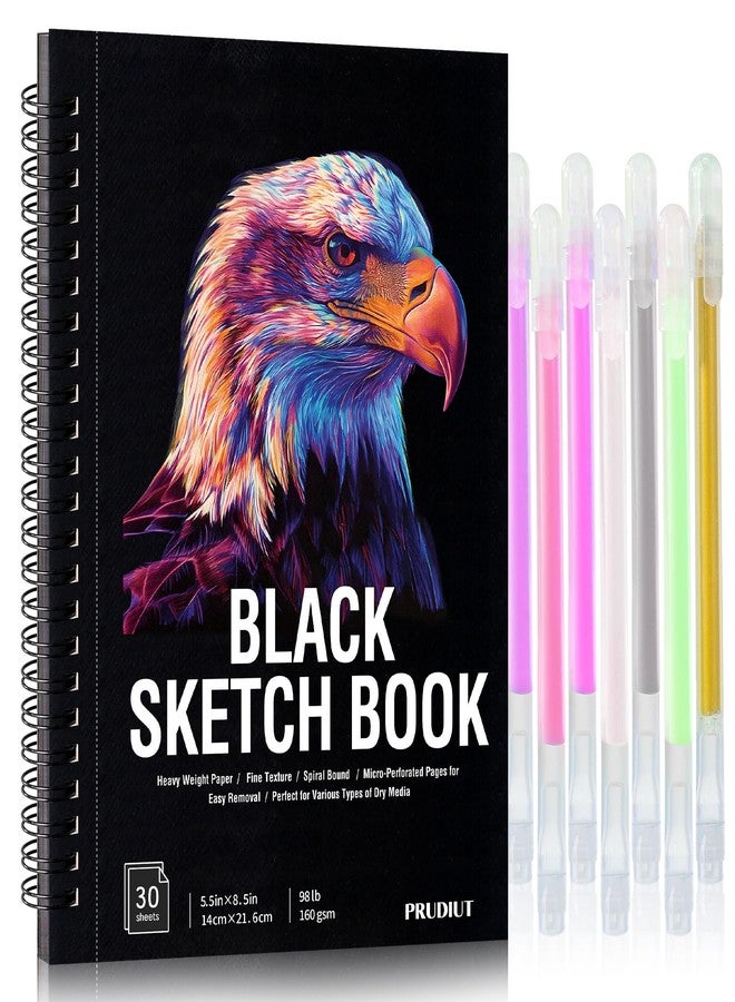 Prudiut 30 Sheets Black Paper Sketchbook with 12 Color Gel Pen Set, 98lb/160gsm Heavyweight Black Sketch Pad 5.5×8.5in, Acid-Free Drawing Paper, Spiral Bound Sketch Book for Kids, Teens, Artist - Image 1
