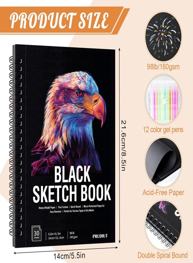 Prudiut 30 Sheets Black Paper Sketchbook with 12 Color Gel Pen Set, 98lb/160gsm Heavyweight Black Sketch Pad 5.5×8.5in, Acid-Free Drawing Paper, Spiral Bound Sketch Book for Kids, Teens, Artist - Image 2