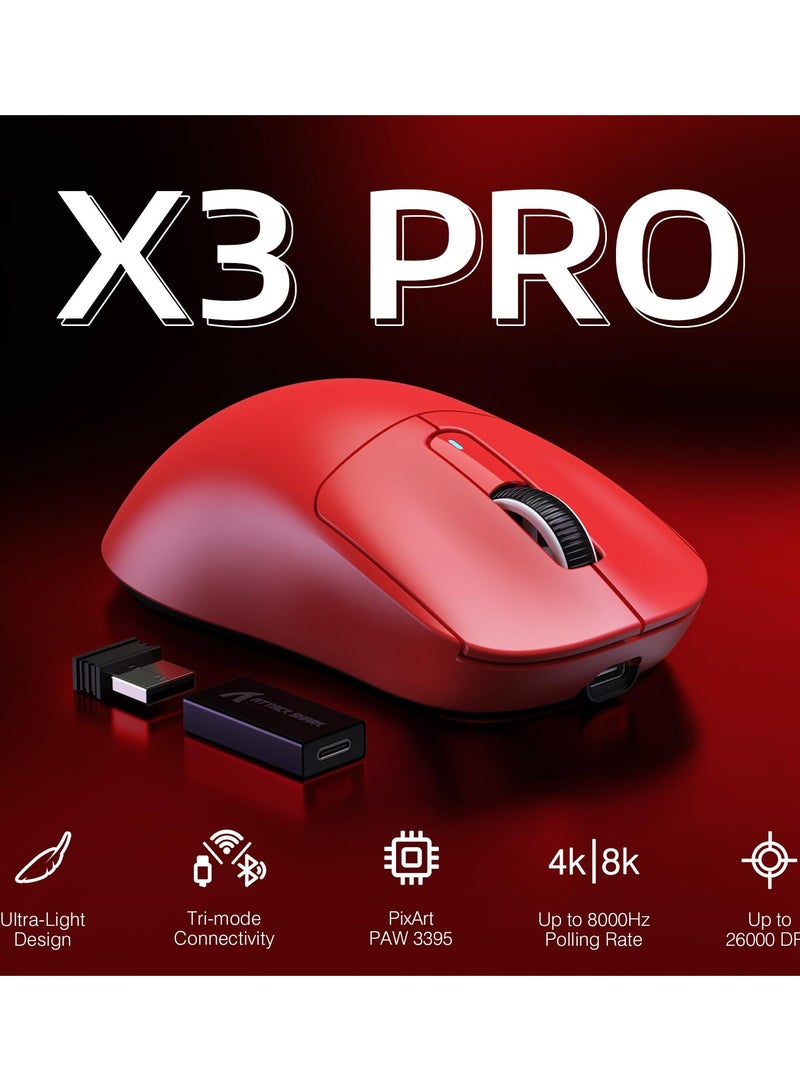 هجوم القرش فأرة ألعاب لا سلكية خفيفة الوزن X3PRO بدقة 4K/8K مع ثلاثة أوضاع (سلكي/2.4GHz/بلوتوث)، مستشعر بصري PAW3395، دقة 26K، مفتاح Kailh GM8.0، بطارية طويلة، 7 أزرار للكمبيوتر/الحاسوب المحمول/ويندوز/ماك - Image 2