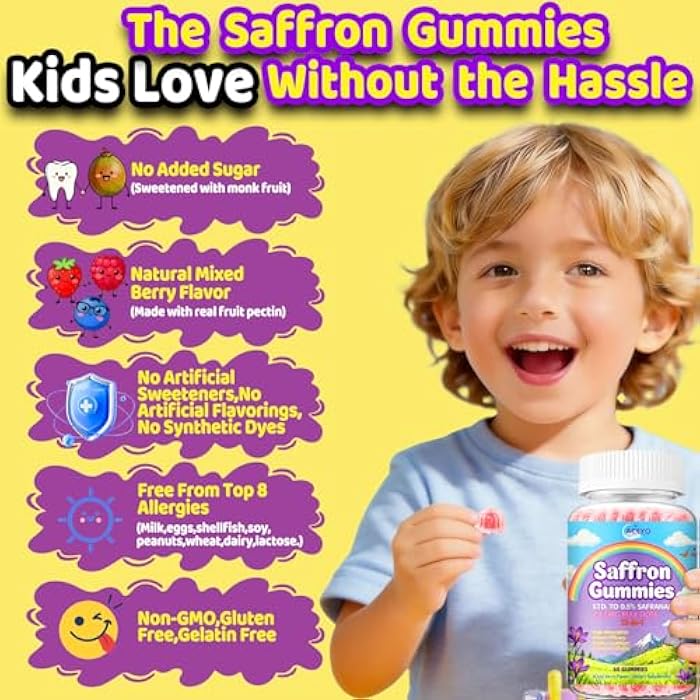 ACEYO Saffron Gummies for Adults & Kids,88.5mg Saffron Extract with Magnesium Glycinate,L-Theanine,GABA,Ashwagandha,Rhodiola Rosea,Vitamins B6/B12 & D3,Supports Stable State & Vitality,Sugar-Free,60 Gummies - Image 5