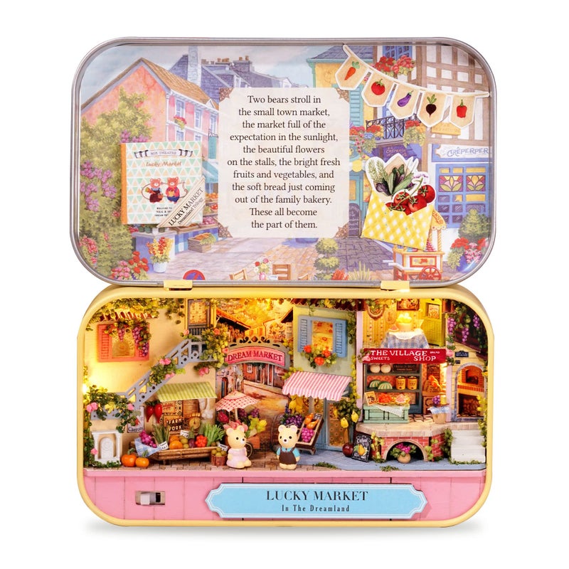 Cuteefun DIY Box Theatre Miniature House Kit to Build Iron Box DIY Theatre Dolls House Kit with Tools Make Your Own Craft House (Lucky Market) - Image 1