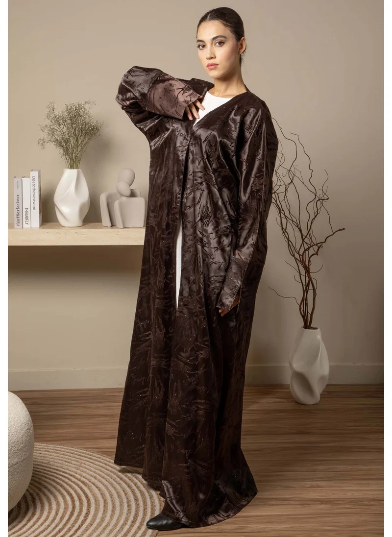 MSquare Fashion Front Open Brown Jacquard Abaya