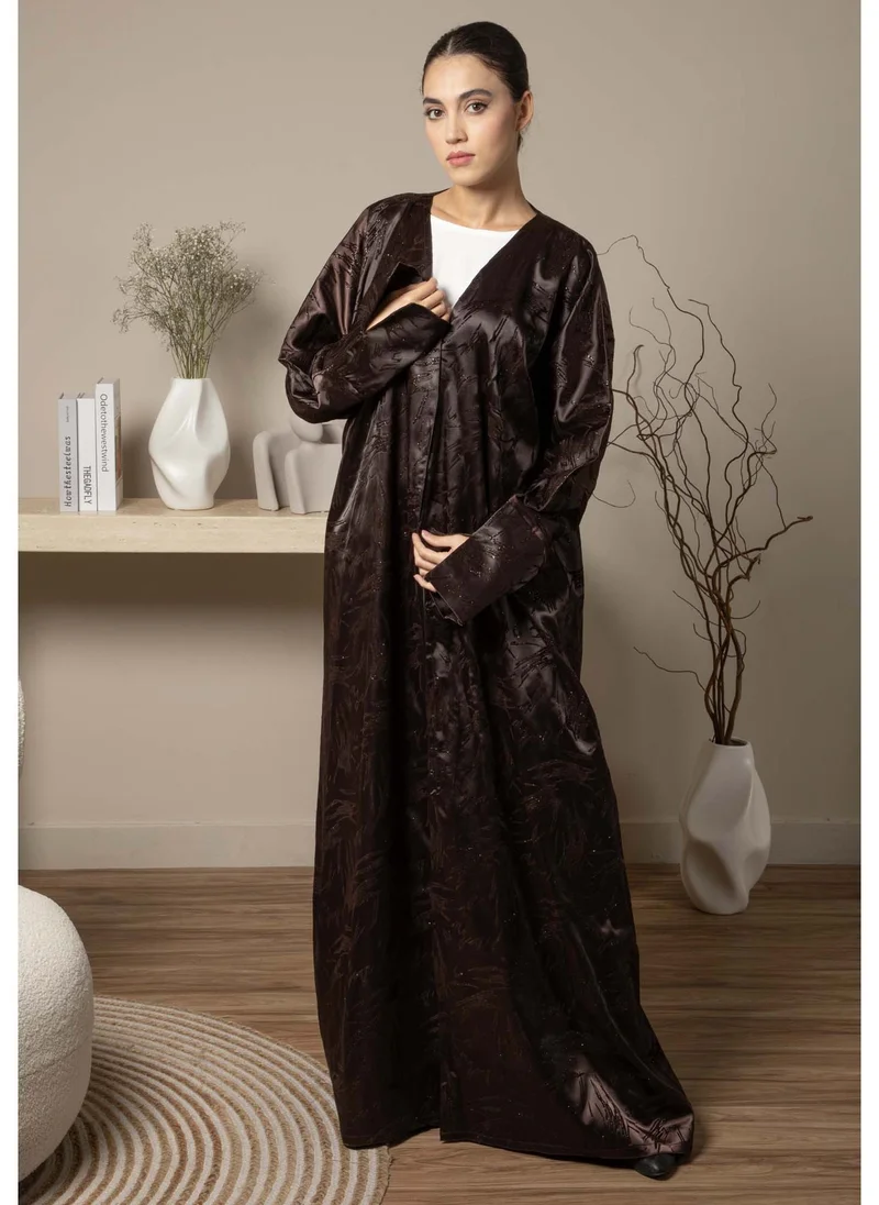 MSquare Fashion Front Open Brown Jacquard Abaya