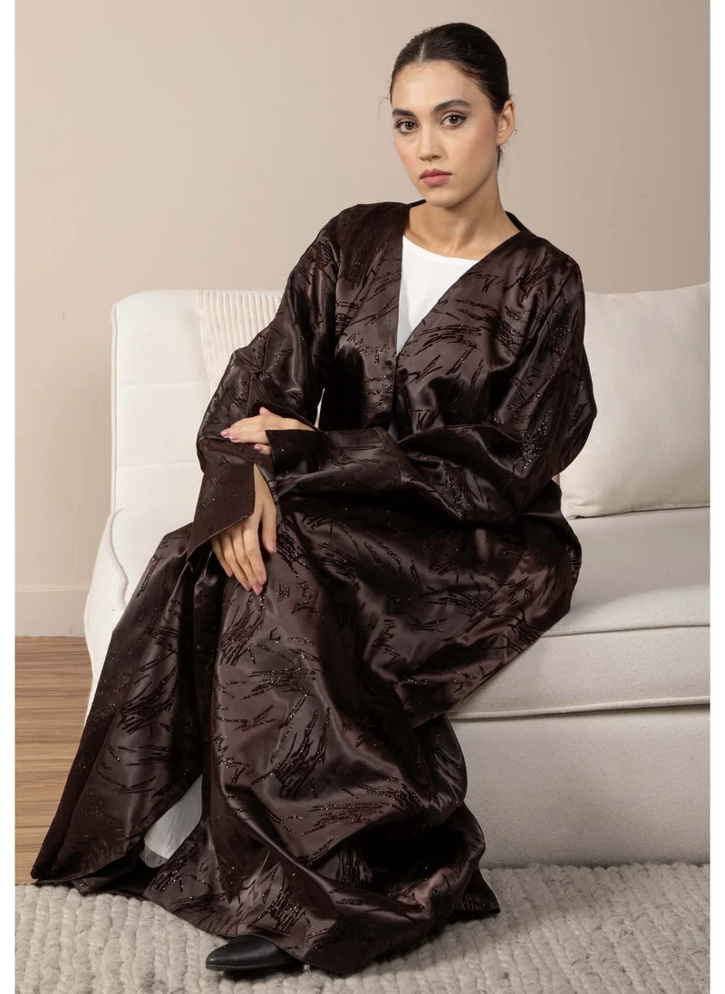 MSquare Fashion Front Open Brown Jacquard Abaya