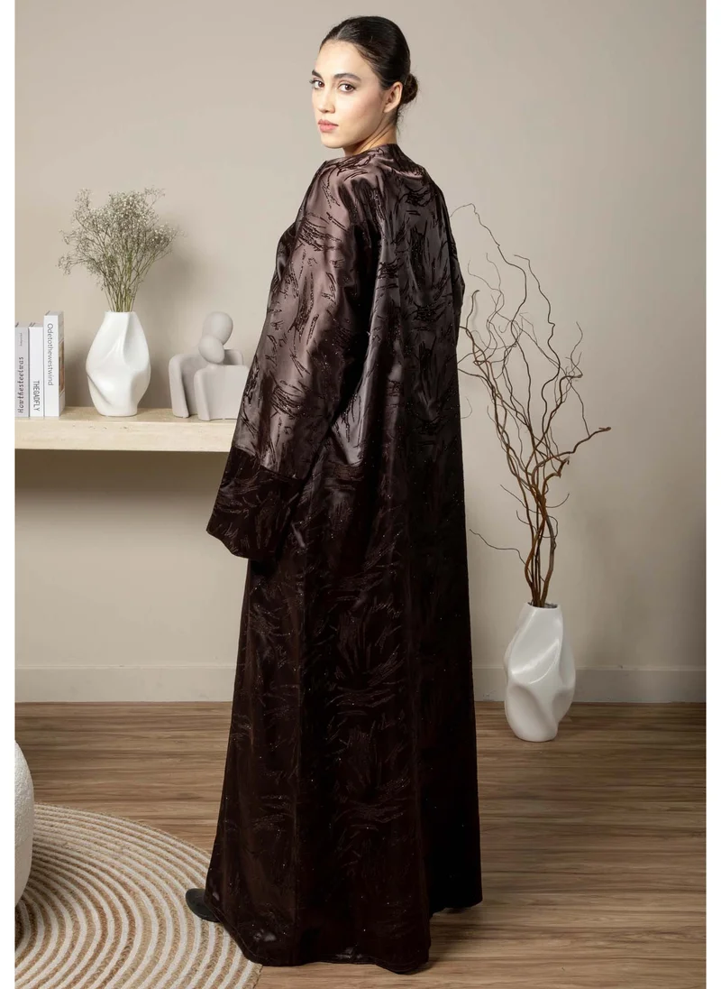 MSquare Fashion Front Open Brown Jacquard Abaya