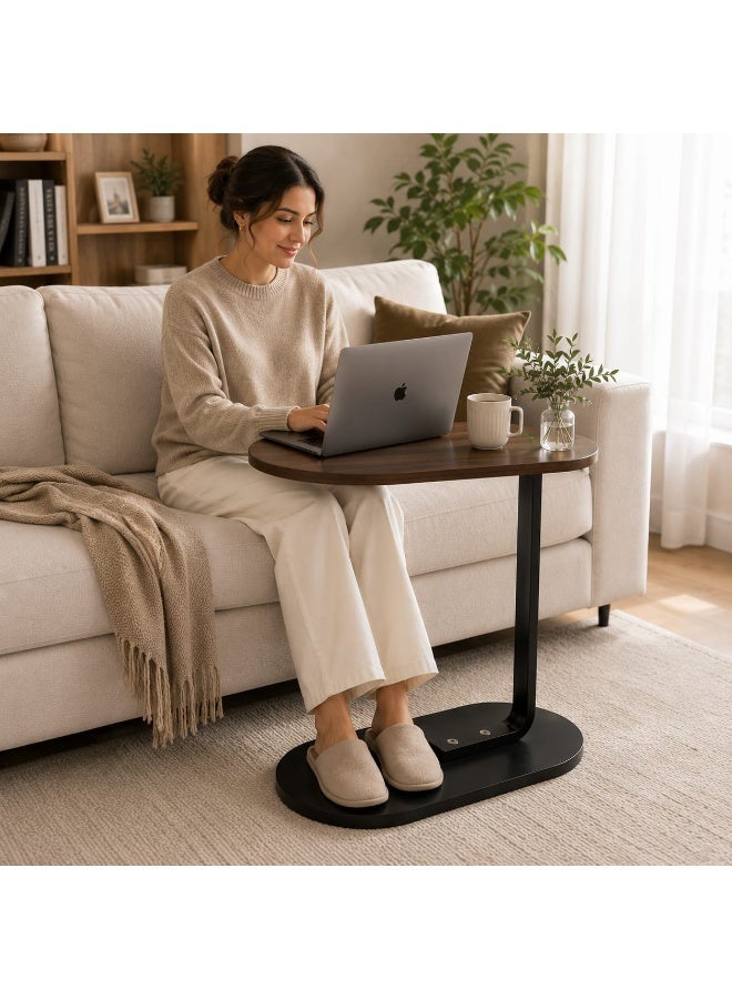 C-Shaped Space Saving Side Table for Sofa & Bed with Oval Wooden Top & Metal Frame - Brown and Black - Image 5
