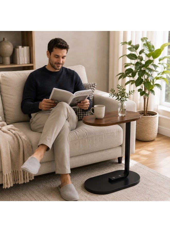 C-Shaped Space Saving Side Table for Sofa & Bed with Oval Wooden Top & Metal Frame - Brown and Black - Image 4