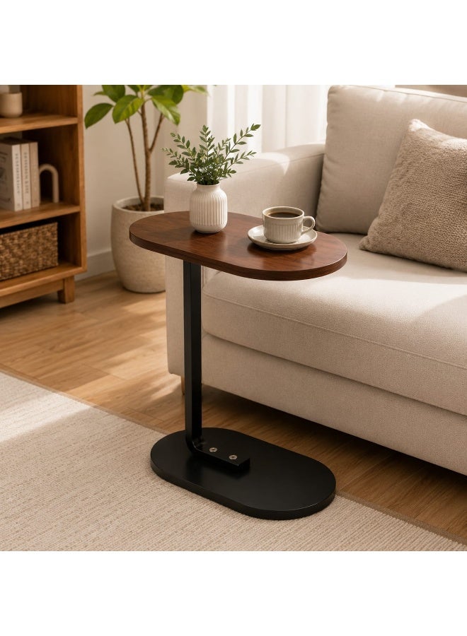 C-Shaped Space Saving Side Table for Sofa & Bed with Oval Wooden Top & Metal Frame - Brown and Black - Image 3