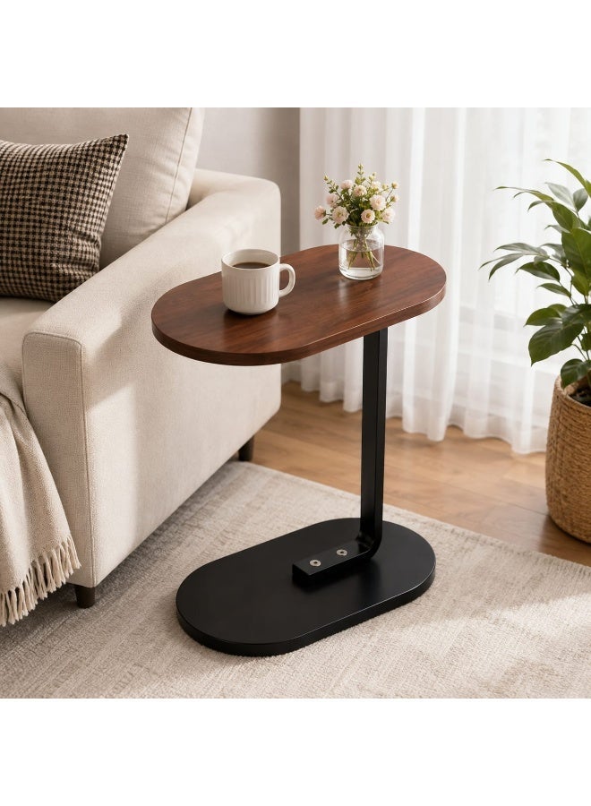 C-Shaped Space Saving Side Table for Sofa & Bed with Oval Wooden Top & Metal Frame - Brown and Black - Image 2