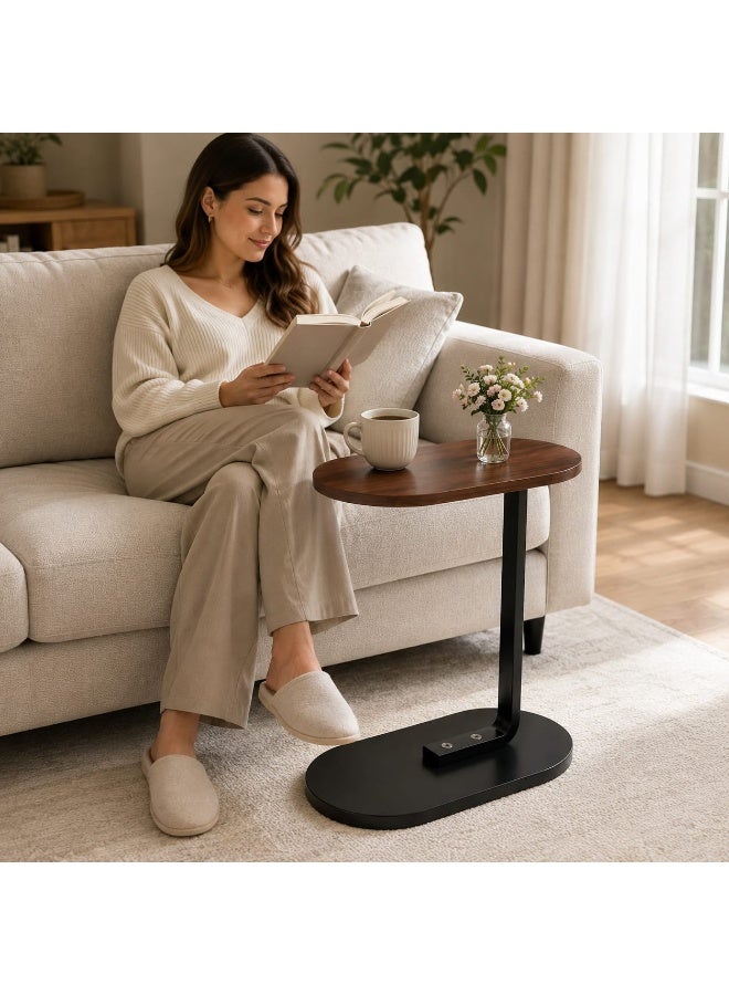 C-Shaped Space Saving Side Table for Sofa & Bed with Oval Wooden Top & Metal Frame - Brown and Black - Image 1
