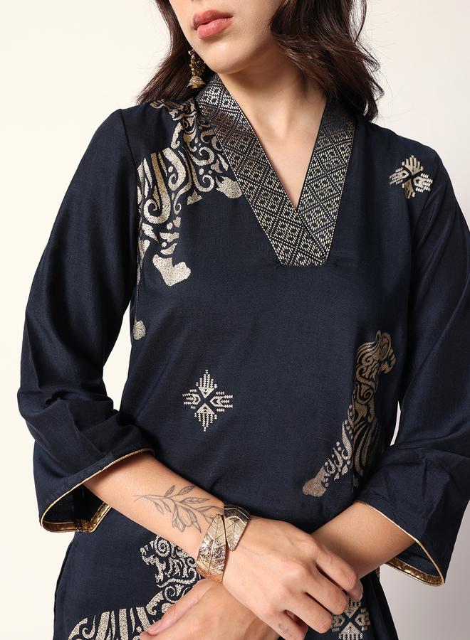 ISHIN Women's Navy Polyester Blend Textured Tunic Full Palazzo Regular Fit Kurta Set - Image 2