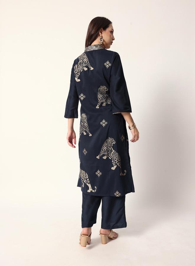 ISHIN Women's Navy Polyester Blend Textured Tunic Full Palazzo Regular Fit Kurta Set - Image 5