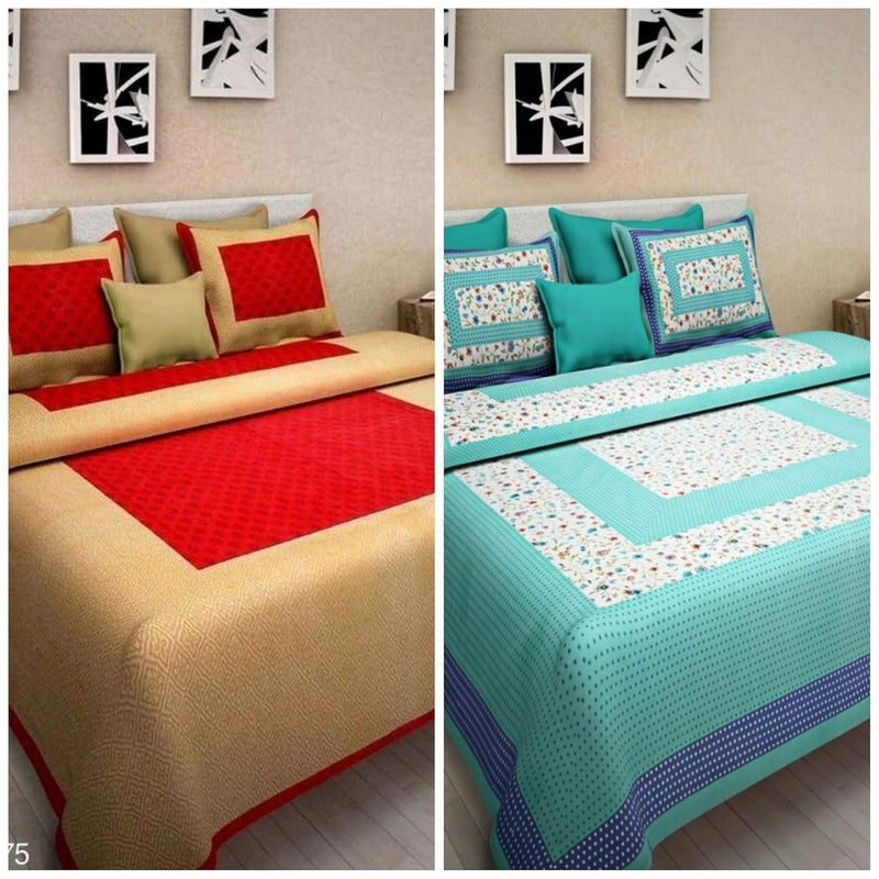 BedZone 100 Cotton Rajasthani Jaipuri bedsheets Combo Double Bed Set 2 Double Bedsheet with 4 Pillow Cover Multicolor - Image 1