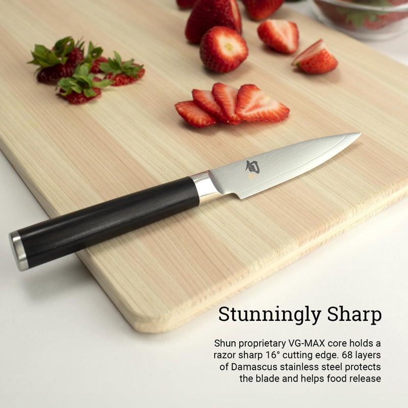 Shun Shun Classic 3.5" Paring Knife, Handcrafted Japanese Vegetable & Fruit Knife, VG-MAX Core with Damascus Stainless Steel Cladding, Pakkawood Handle, Small Kitchen Tool for Peeling, Coring & Cutting  - Image 3