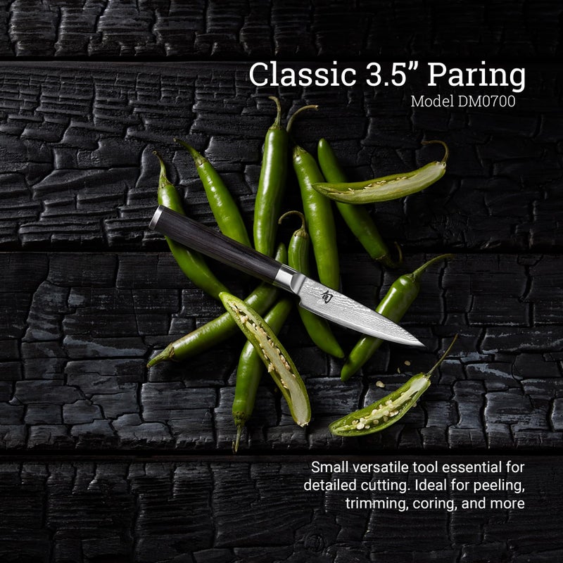 Shun Shun Classic 3.5" Paring Knife, Handcrafted Japanese Vegetable & Fruit Knife, VG-MAX Core with Damascus Stainless Steel Cladding, Pakkawood Handle, Small Kitchen Tool for Peeling, Coring & Cutting  - Image 2