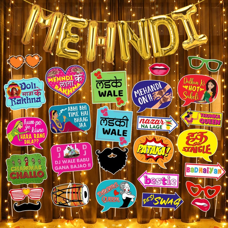 Zyozique ® Mehndi Ceremony Decorations Combo / Mehndi Decorations Props for Bride and Family - Mehndi Foil Balloons, Photo Booth Props & Rice Light (Pack Of 29) - Image 1