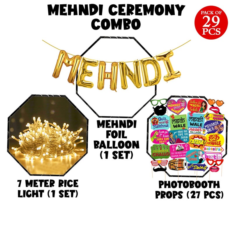 Zyozique ® Mehndi Ceremony Decorations Combo / Mehndi Decorations Props for Bride and Family - Mehndi Foil Balloons, Photo Booth Props & Rice Light (Pack Of 29) - Image 2